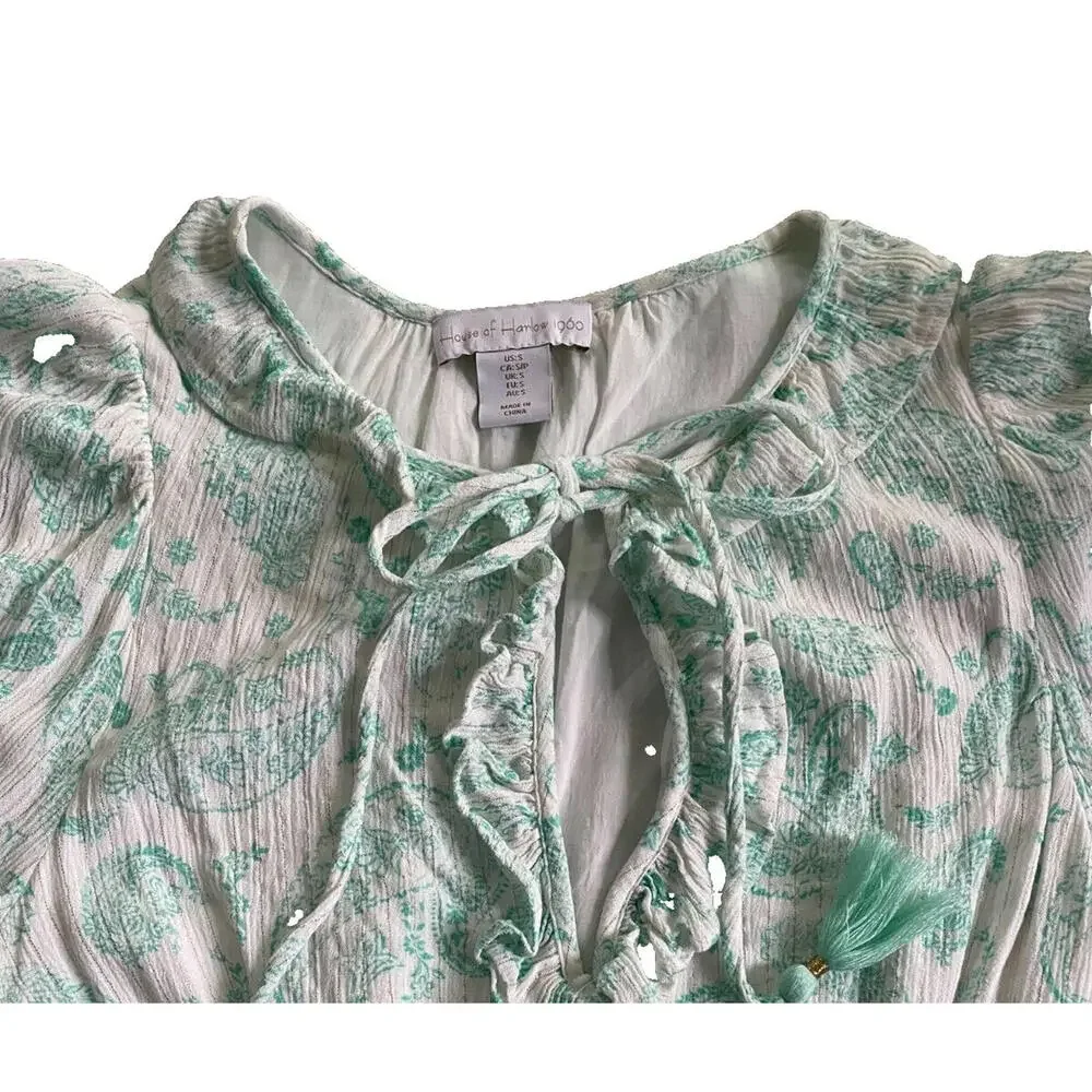 House of Harlow 1960 Paisley Long Sleeve Ruffle Smocked Mini Dress Mint Green S - Picture 4 of 9